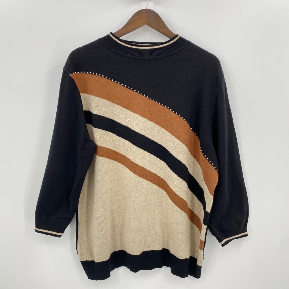 Alfred Dunner Sweater Woman 1X Black Tan Striped Rhinestone Retro Office 90s
